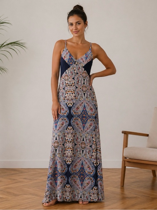 Xhilaration Dresses & Skirts - Xhilaration Paisley Sz M Maxi Sundress Boho Patchwork Print V-Neck Sleeveless